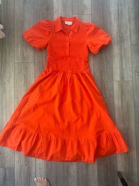 Bright Orange Smocked Button-Front Dress